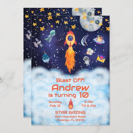 Blast of Invitation, Space Birthday Invitation Kaart (Voorkant / Achterkant)