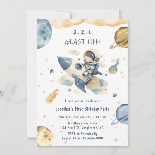 Blast Off 1st Birthday Invitation Rocket Ship Kaart