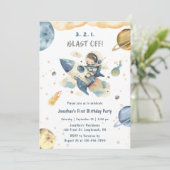 Blast Off 1st Birthday Invitation Rocket Ship Kaart (Staand voorkant)