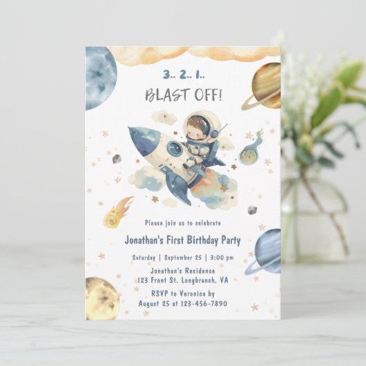 Blast Off 1st Birthday Invitation Rocket Ship Kaart (Staand voorkant)