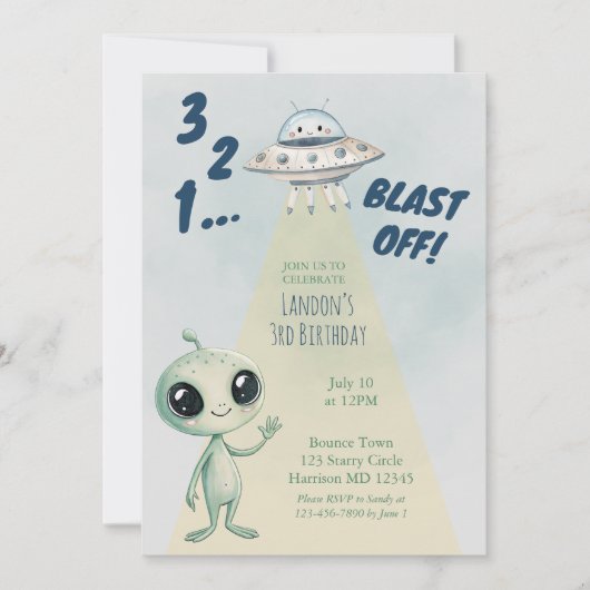 Blast Off Alien Boys Derde Verjaardag Kaart (Voorkant)