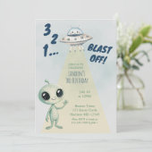 Blast Off Alien Boys Derde Verjaardag Kaart (Staand voorkant)