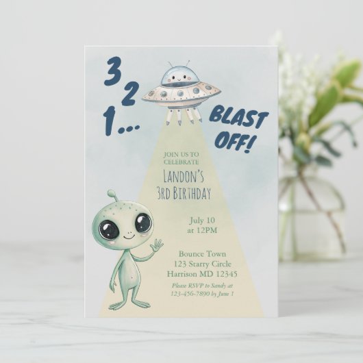 Blast Off Alien Boys Third Birthday Kaart (Staand voorkant)