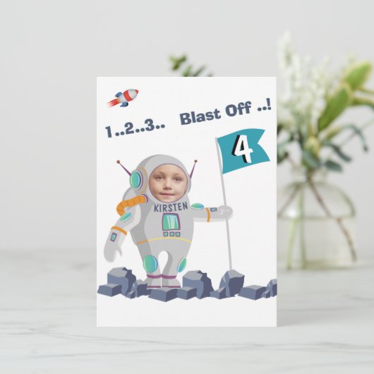 Blast off Astronaut Photo Template Rocket Birthday Kaart (Staand voorkant)