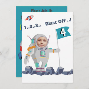 Blast off Astronaut Photo Template Rocket Birthday Kaart
