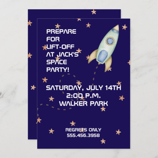 Blast Off Birthday Invitation Kaart (Voorkant / Achterkant)