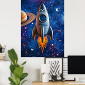 Blast Off - Cartoon Rocket Poster (Thuiskantoor)