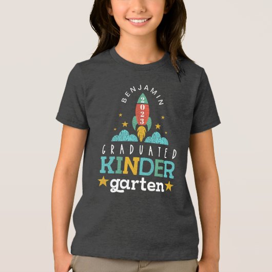 Blast Off Graduated Kindergarten 2022 Rocket Ship Tri-Blend Shirt (Voorkant)