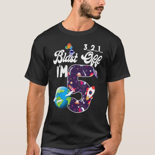 Blast off Ik ben 5 jaar oud verjaardag Outer Space T-shirt (Voorkant)