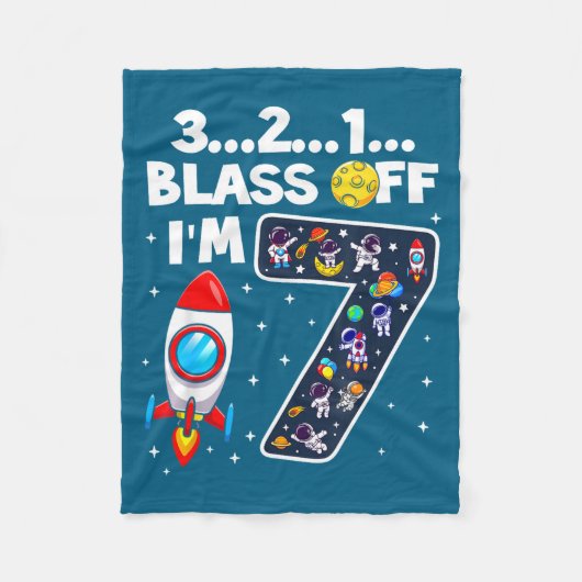 Blast Off I'm 7 Years Old 7th Birthday Spaceship A Fleece Deken (Voorkant)