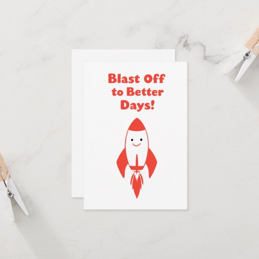 Blast Off naar Beter Dagen! – Grappige Raket Aanmo Kaart (Voorkant / Achterkant in situ)