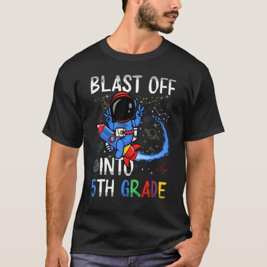 Blast Off naar groep 7 eerste schooldag ruimte T-shirt (Voorkant)