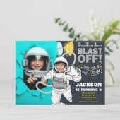 Blast Off Outer Space Astronaut Foto Verjaardag Kaart (Staand voorkant)