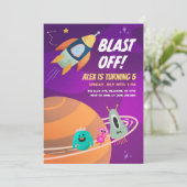 Blast Off Outer Space Kids Verjaardagsfeest uitnod Kaart (Staand voorkant)