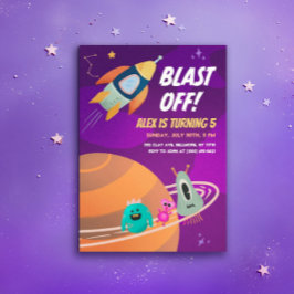 Blast Off Outer Space Kids Verjaardagsfeest uitnod Kaart