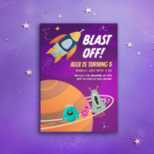 Blast Off Outer Space Kids Verjaardagsfeest uitnod Kaart