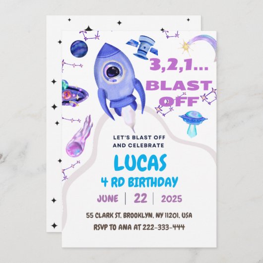Blast Off Outer Space verjaardagsfeestje Kaart (Voorkant / Achterkant)