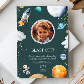 Blast Off Photo Space Theme Kids Birthday Party Kaart