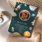 Blast Off Photo Space Theme Kids Birthday Party Kaart