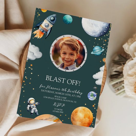 Blast Off Photo Space Theme Kids Birthday Party Kaart