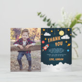 Blast Off | Platte bedankingskaart met foto Bedankkaart (Staand voorkant)
