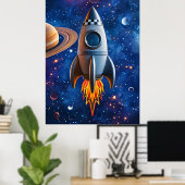 Blast Off – Poster met cartoont raket (Thuiskantoor)