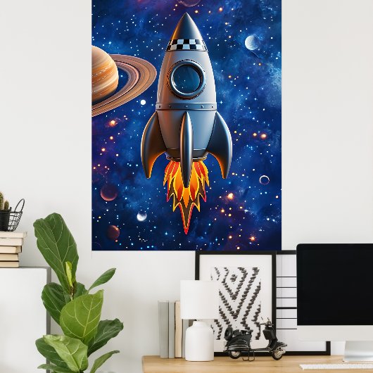 Blast Off – Poster van cartoonraket (Thuiskantoor)