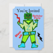 Blast Off Robot Jongen en Sterren Verjaardagsfeest Kaart (Voorkant)