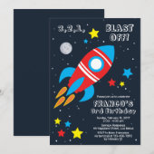 Blast off Rocket Shif Birthday Invitation Kaart (Voorkant / Achterkant)