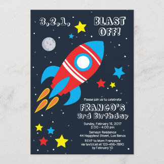 Blast off Rocket Shif Birthday Invitation Kaart