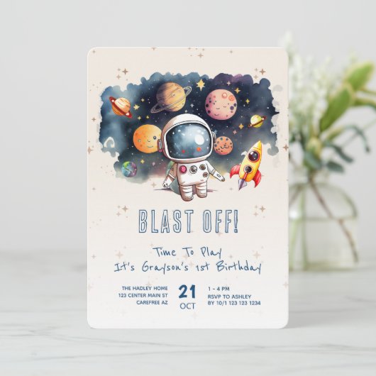 Blast off Rocket Ship 1e Verjaardag Kaart (Staand voorkant)
