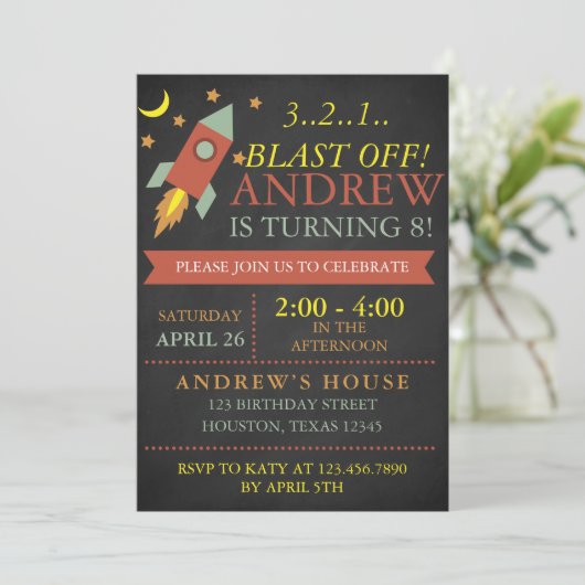 Blast off Rocket Verjaardagsfeestuitnodiging Kaart (Staand voorkant)