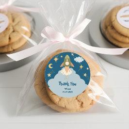 Blast off ruimte avontuur kinderen verjaardag ronde sticker