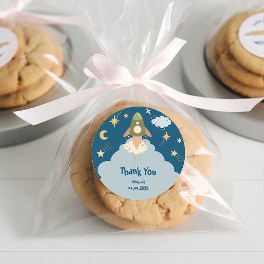 Blast off ruimte avontuur kinderen verjaardag ronde sticker