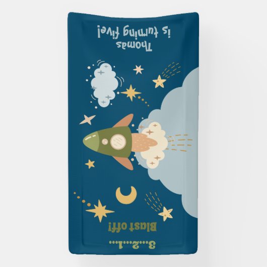 Blast off ruimte avontuur kinderen verjaardag spandoek (Verticaal)