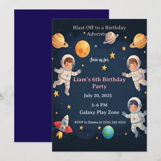 Blast Off Space Adventure Kids 6th Birthday Party  Kaart (Voorkant / Achterkant)