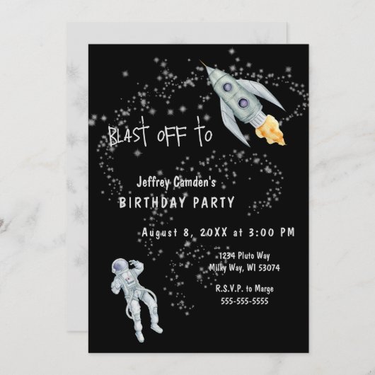 Blast Off Space Astronaut Birthday Party Kaart (Voorkant / Achterkant)