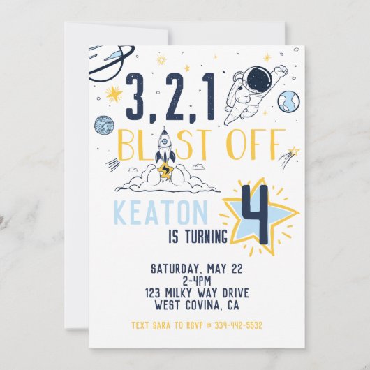 Blast Off Space Birthday Uitnodiging (Voorkant)