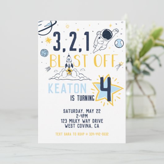 Blast Off Space Birthday Uitnodiging (Staand voorkant)