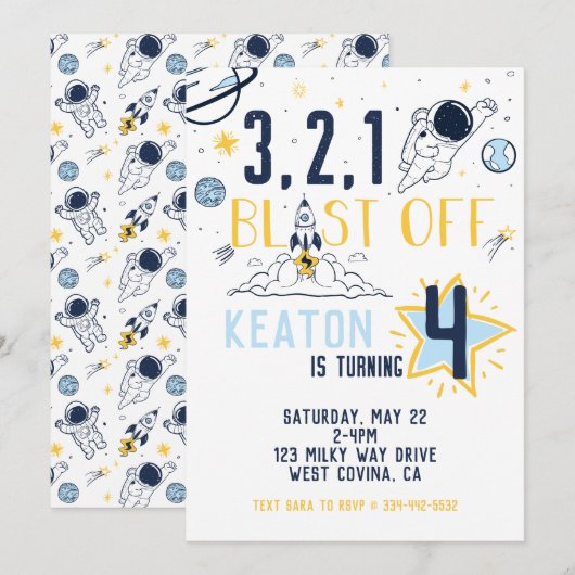 Blast Off Space Birthday Uitnodiging (Voorkant / Achterkant)