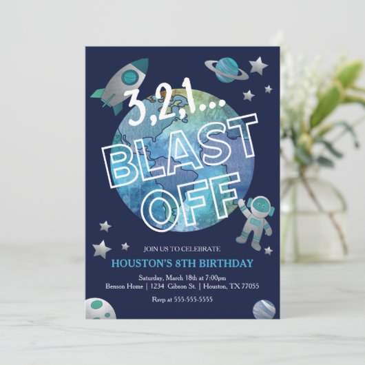 Blast Off Space Birthday Uitnodiging (Staand voorkant)