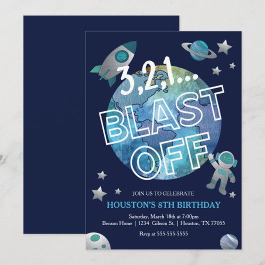 Blast Off Space Birthday Uitnodiging (Voorkant / Achterkant)