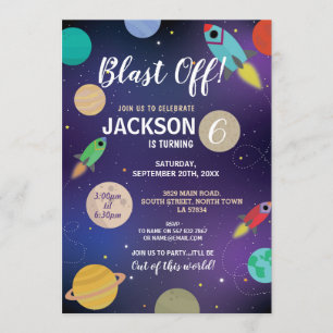 Blast Off Space Galaxy Birthday Party Rocket Kaart