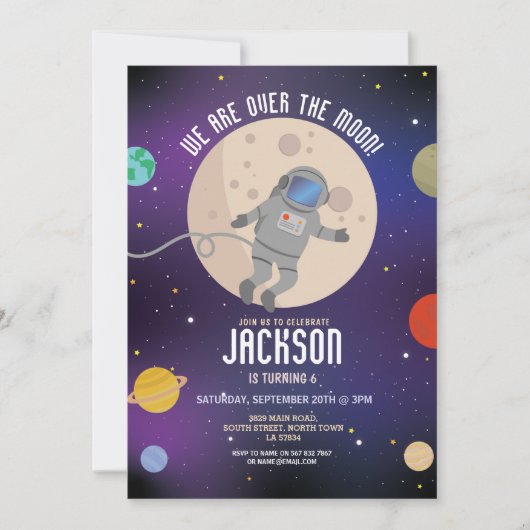 Blast Off Space Galaxy Birthday Party Rocket Moon Kaart (Voorkant)