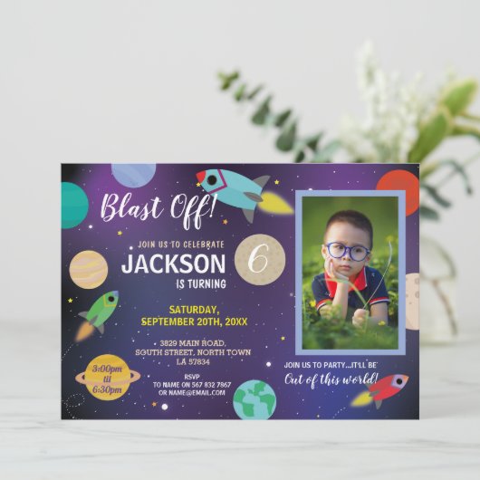 Blast Off Space Galaxy Verjaardag Party Rocket Fot Kaart (Staand voorkant)