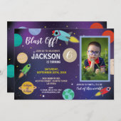 Blast Off Space Galaxy Verjaardag Party Rocket Fot Kaart (Voorkant / Achterkant)