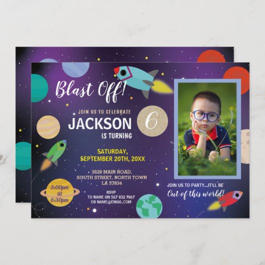 Blast Off Space Galaxy Verjaardag Party Rocket Fot Kaart (Voorkant / Achterkant)