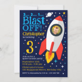 Blast Off Space Thema Kids Verjaardagsfeestfoto Kaart (Voorkant)
