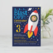 Blast Off Space Thema Kids Verjaardagsfeestfoto Kaart (Staand voorkant)