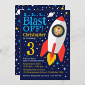 Blast Off Space Thema Kids Verjaardagsfeestfoto Kaart (Voorkant / Achterkant)